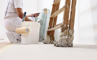 Painter,man,at,work,with,a,roller,,bucket,and,ladder,